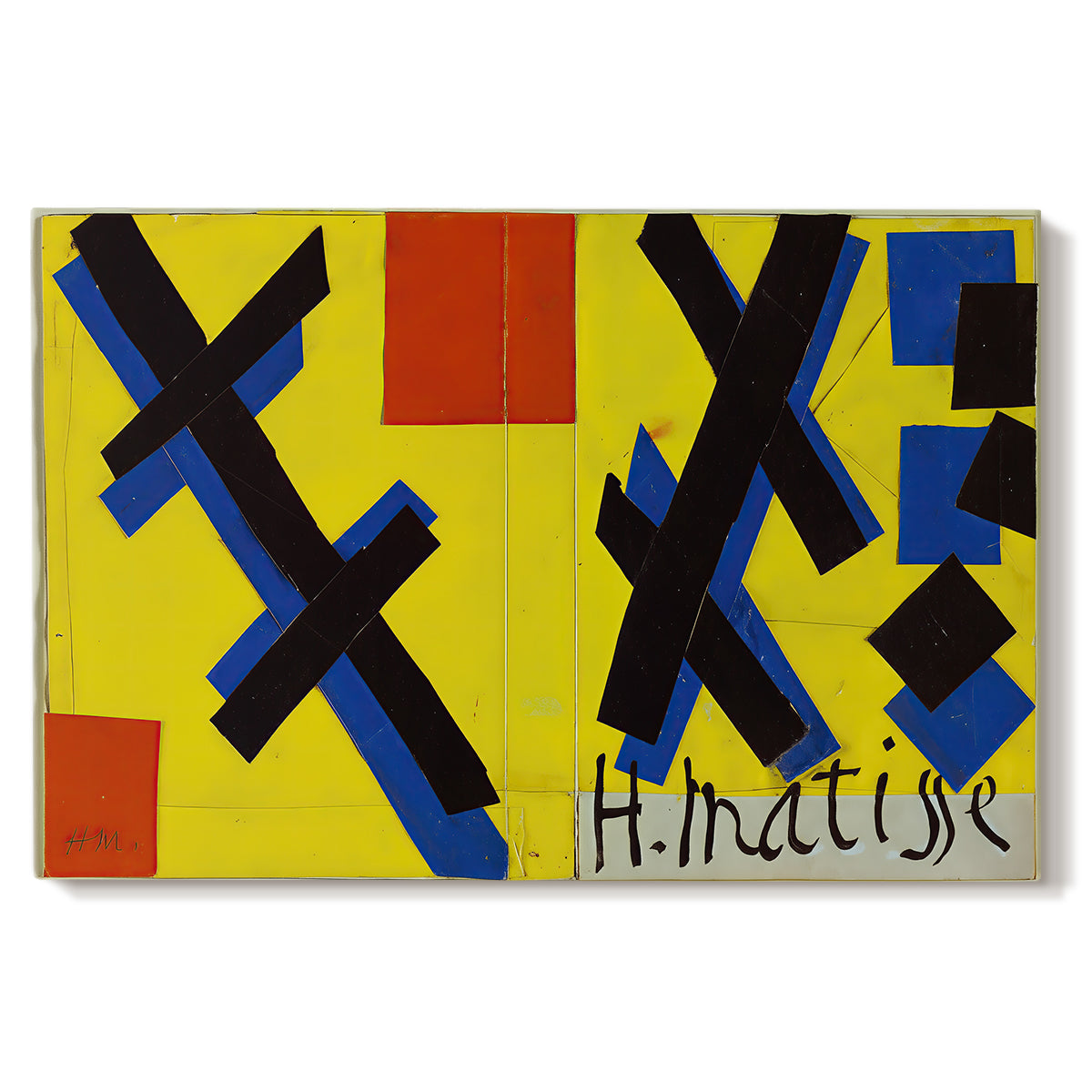 Canvas art print portraying an abstract graphic design with bold shapes and color blocks arranged symmetrically, set against a white background