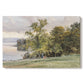 Canvas art print portraying a lakeside landscape with calm water and trees along shoreline, set against a white background