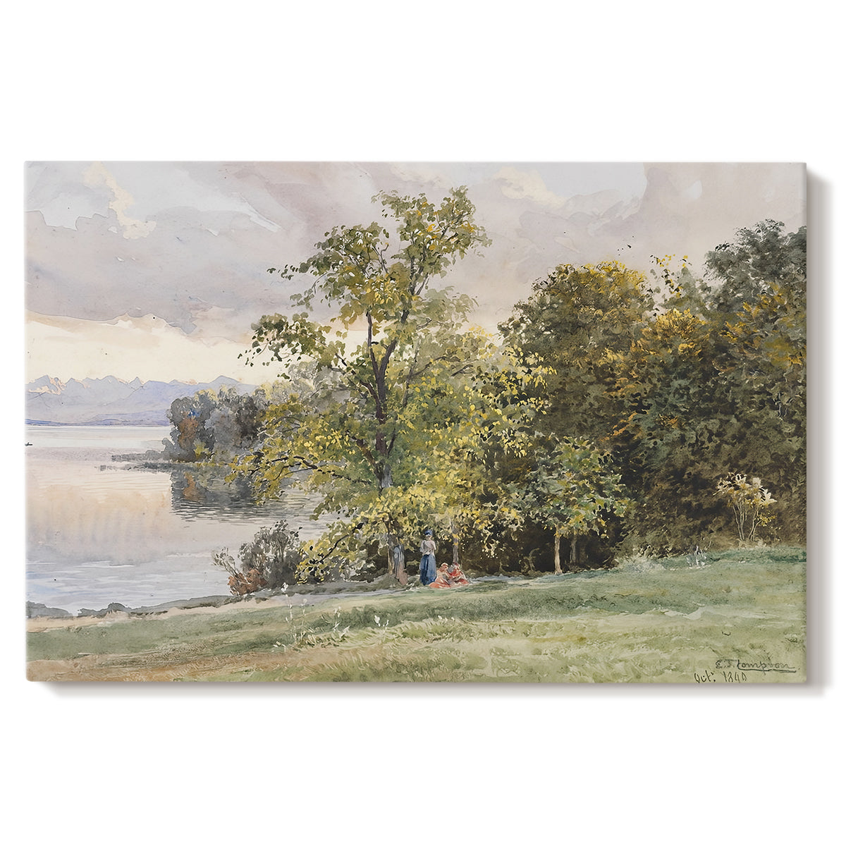 Canvas art print portraying a lakeside landscape with calm water and trees along shoreline, set against a white background