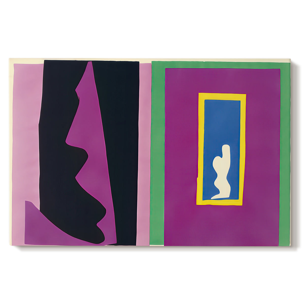 Canvas art print portraying an abstract collage with cut-out shapes forming symbolic composition, set against a white background