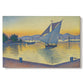 Canvas art print portraying a harbor glowing at sunset with boats in water, set against a white background