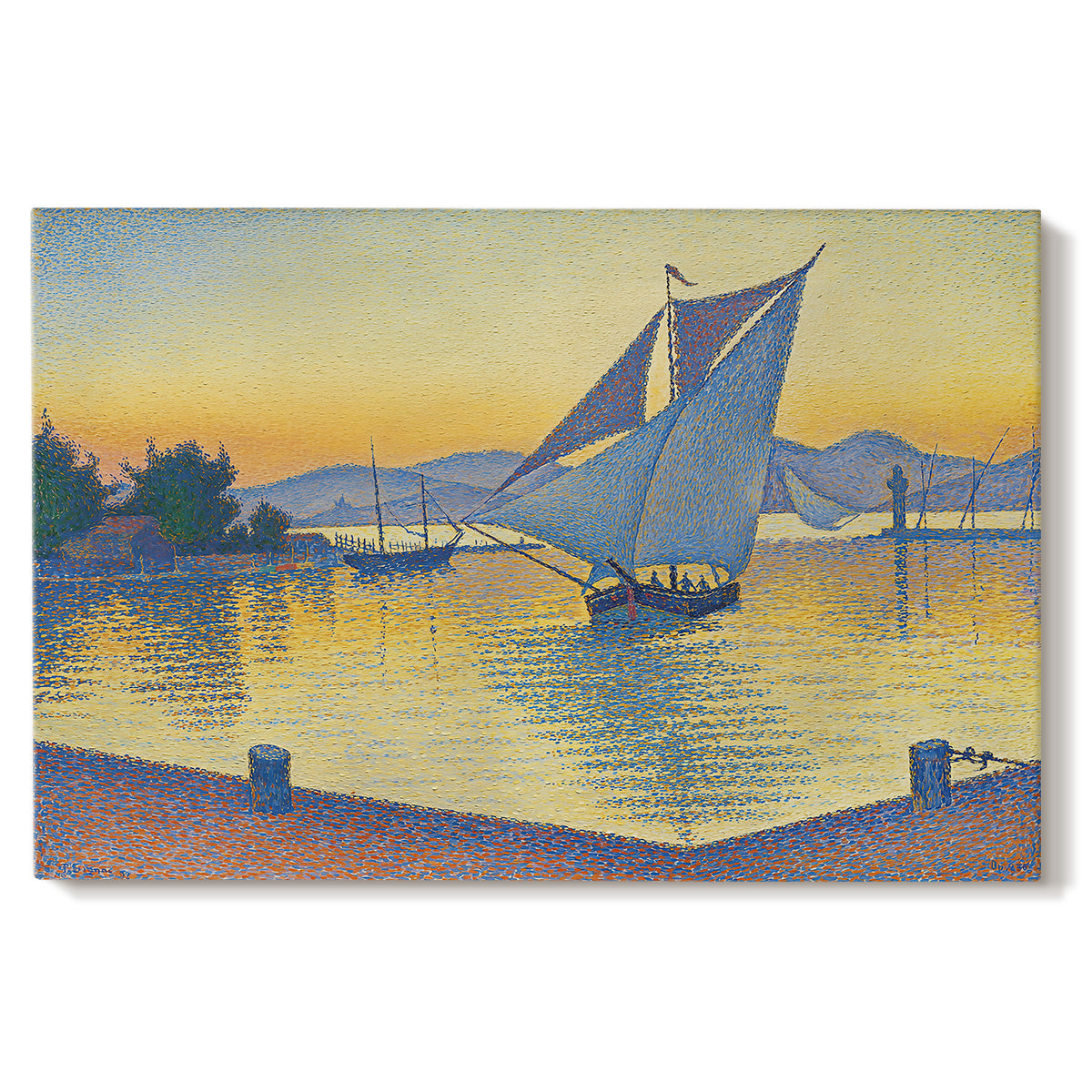 Canvas art print portraying a harbor glowing at sunset with boats in water, set against a white background