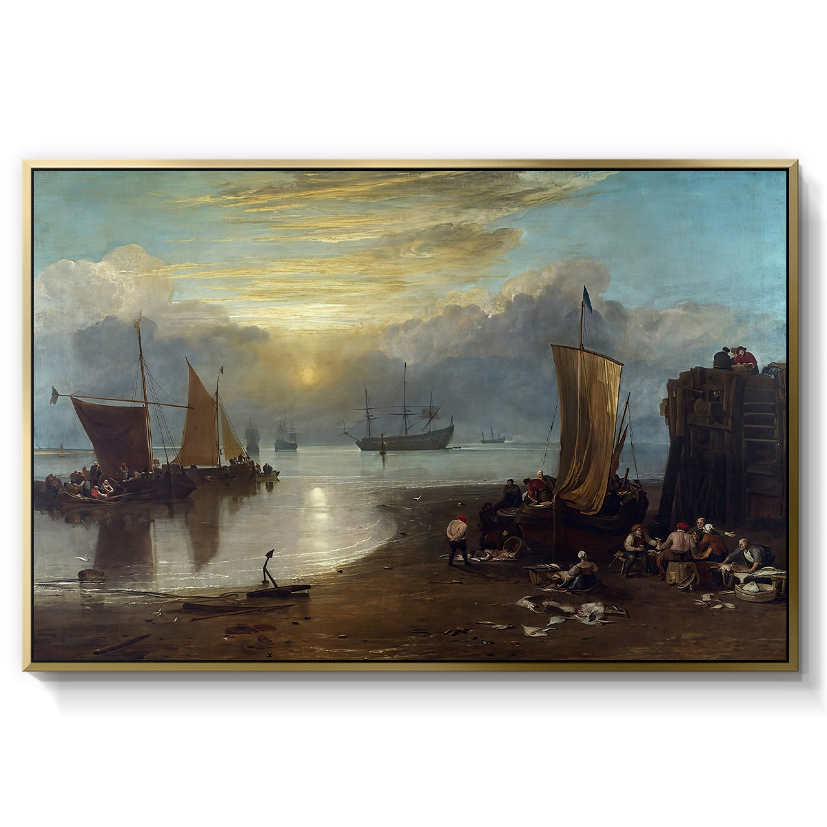 Sun Rising through Vapour: Fishermen Cleaning and Selling Fish, c. 1807 - Floater Framed Canvas Print