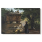 Canvas art print portraying a priest standing beside stone sarcophagus in quiet architectural setting, set against a white background