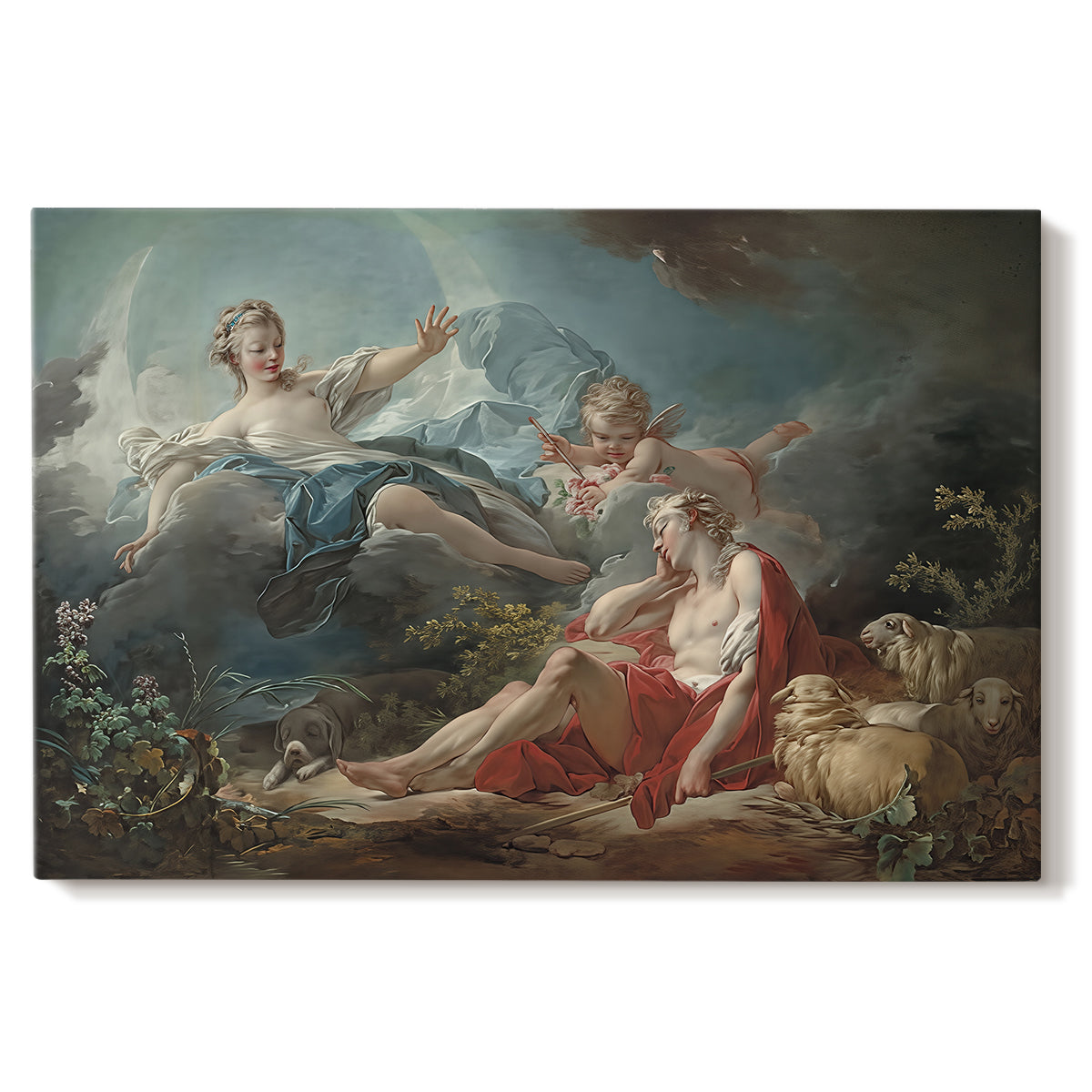 Canvas art print portraying a reclining male figure with female figure approaching in mythological landscape, set against a white background