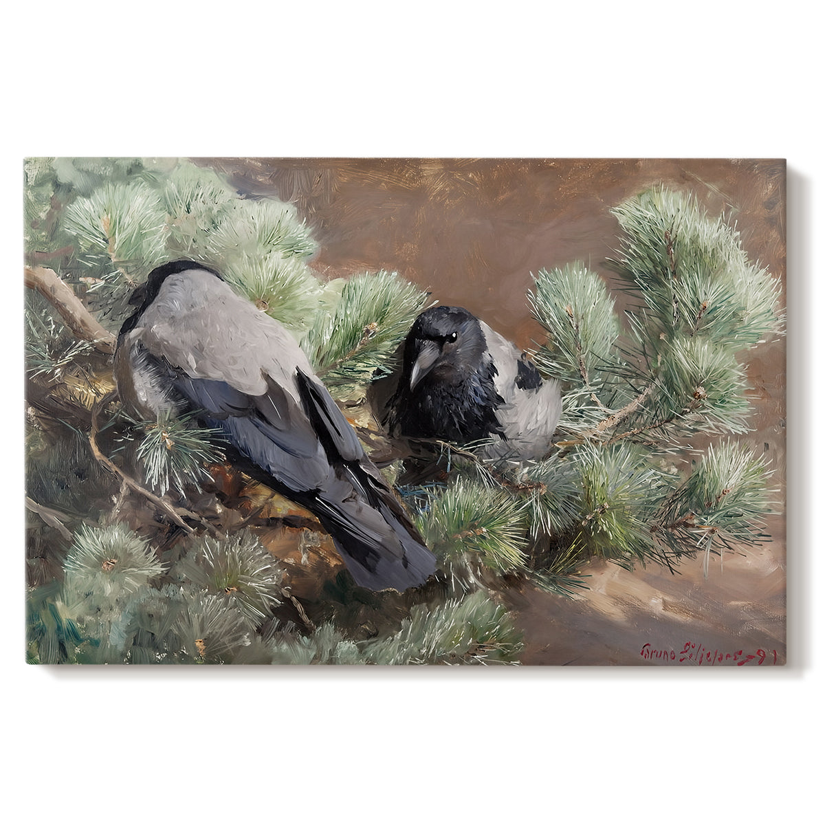 Canvas art print portraying two crows perched on ground among grass and earth tones, set against a white background