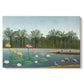 Canvas art print portraying flamingos standing in water surrounded by trees and vegetation, set against a white background