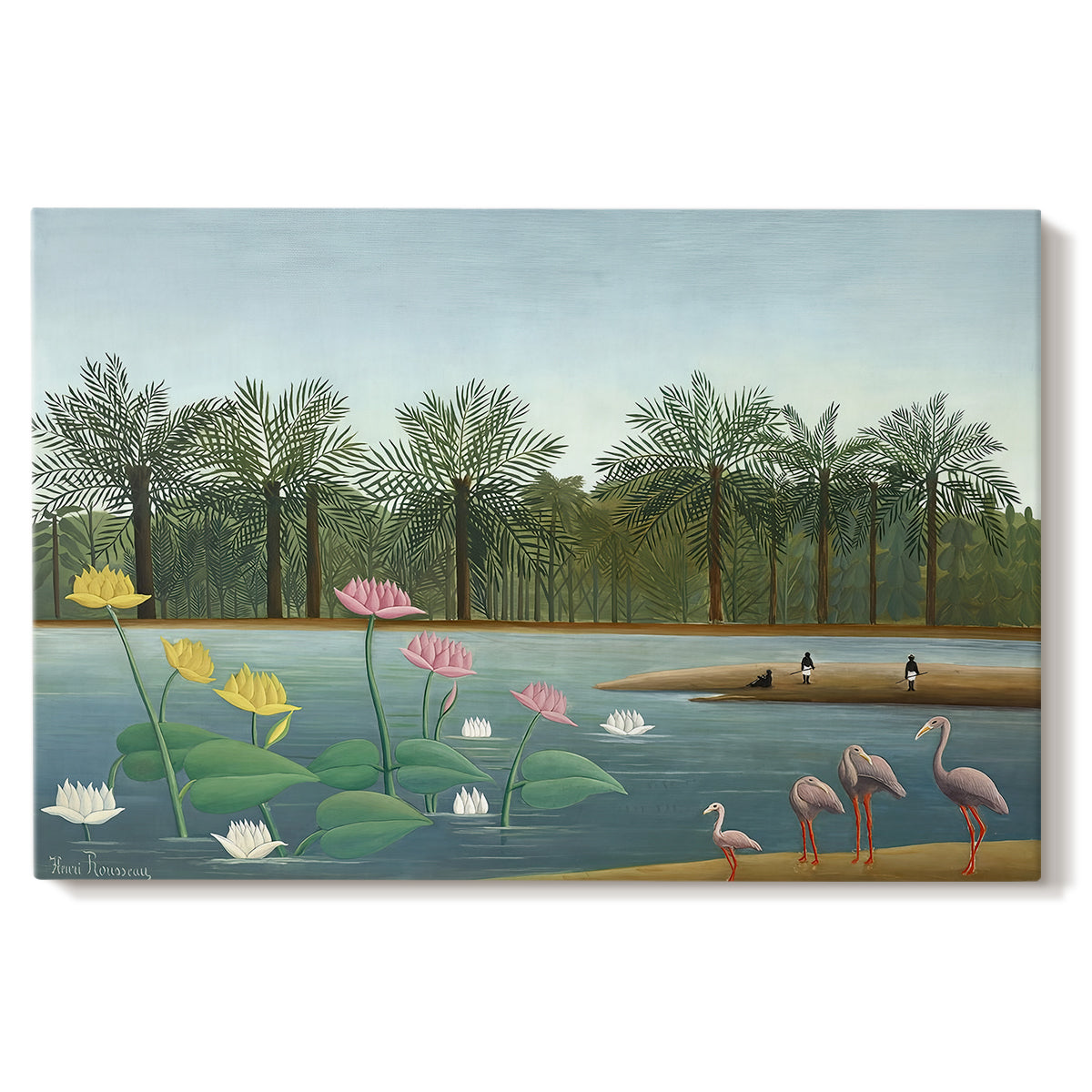 Canvas art print portraying flamingos standing in water surrounded by trees and vegetation, set against a white background