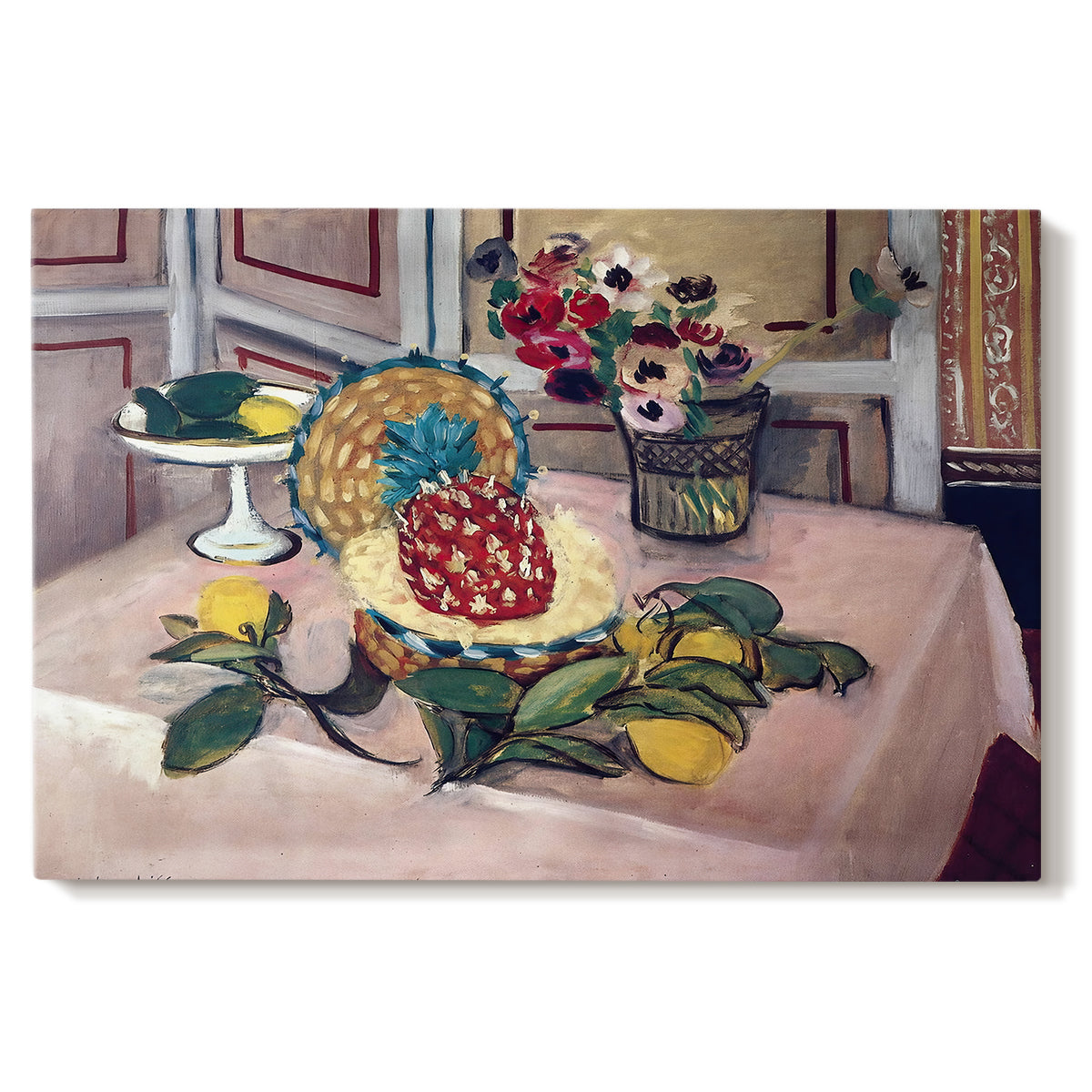 Canvas art print portraying a tabletop still life with pineapple, lemons, and fruit, set against a white background
