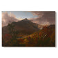 Canvas art print portraying a mountain landscape clearing after storm with sunlight breaking through clouds, set against a white background