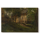 Canvas art print portraying rustic farm buildings surrounded by trees and rural landscape, set against a white background