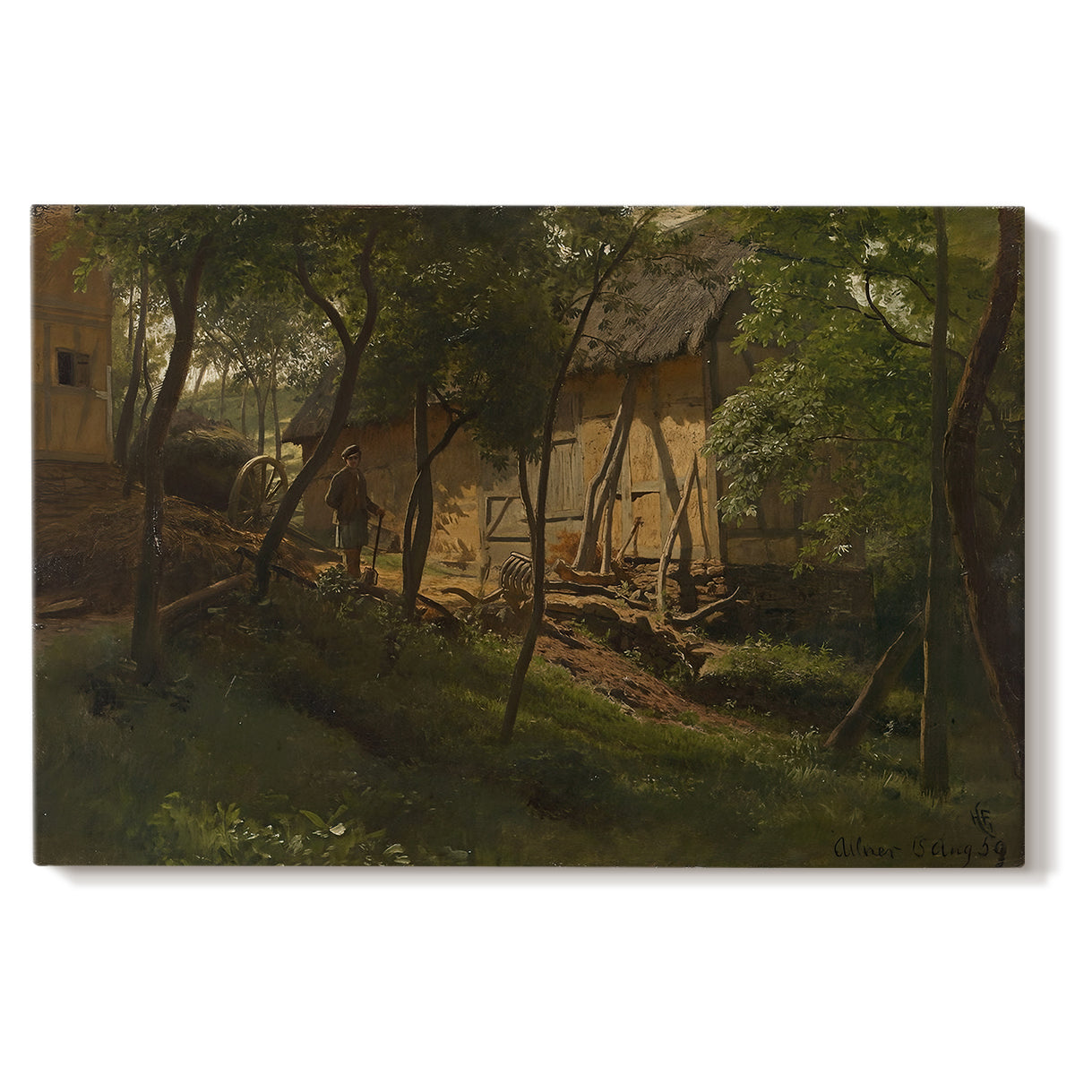 Canvas art print portraying rustic farm buildings surrounded by trees and rural landscape, set against a white background