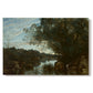 Canvas art print portraying a lake landscape surrounded by trees and distant hills under soft sky, set against a white background