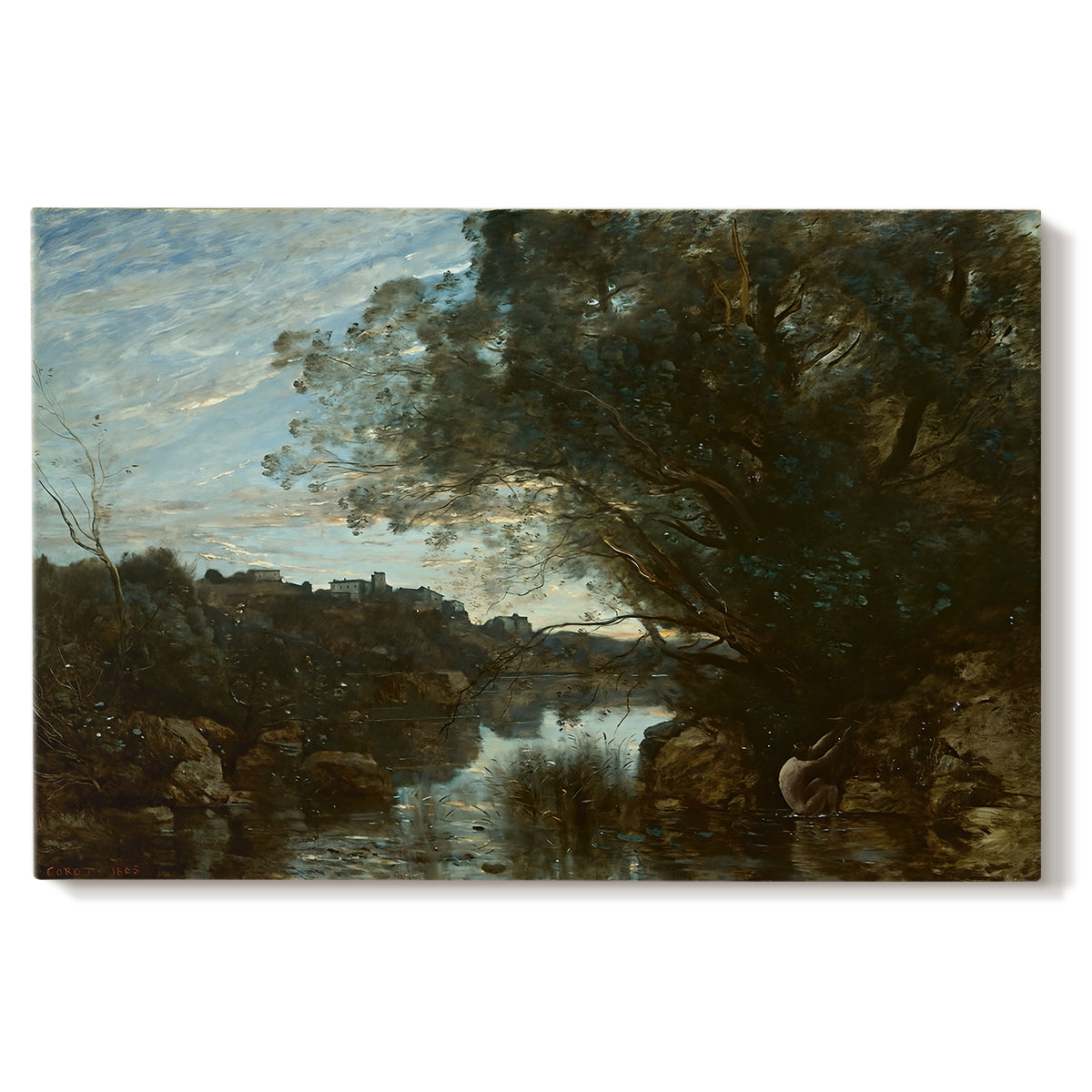 Canvas art print portraying a lake landscape surrounded by trees and distant hills under soft sky, set against a white background