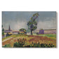Canvas art print portraying a bridge spanning a river in a quiet landscape with trees and open sky, set against a white background