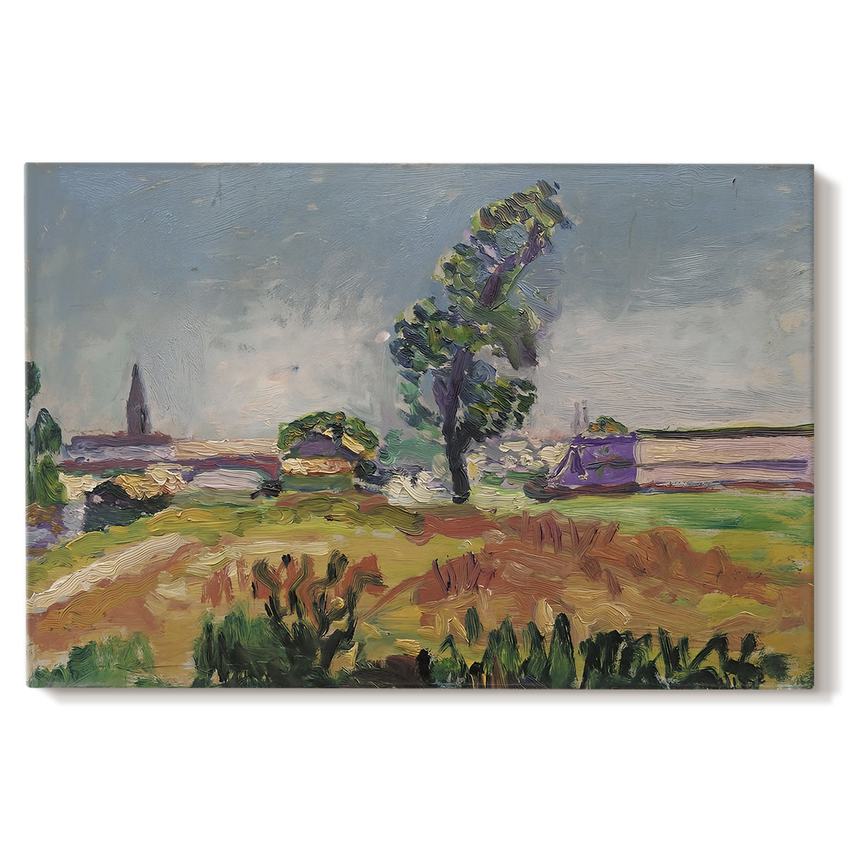 Canvas art print portraying a bridge spanning a river in a quiet landscape with trees and open sky, set against a white background