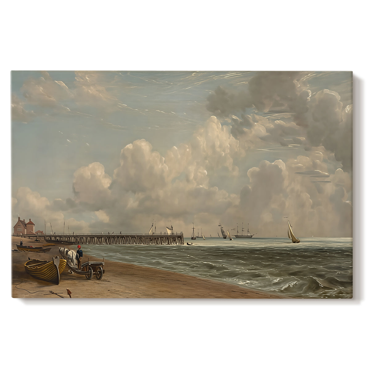 Canvas art print portraying a wooden jetty extending into sea with open horizon, set against a white background