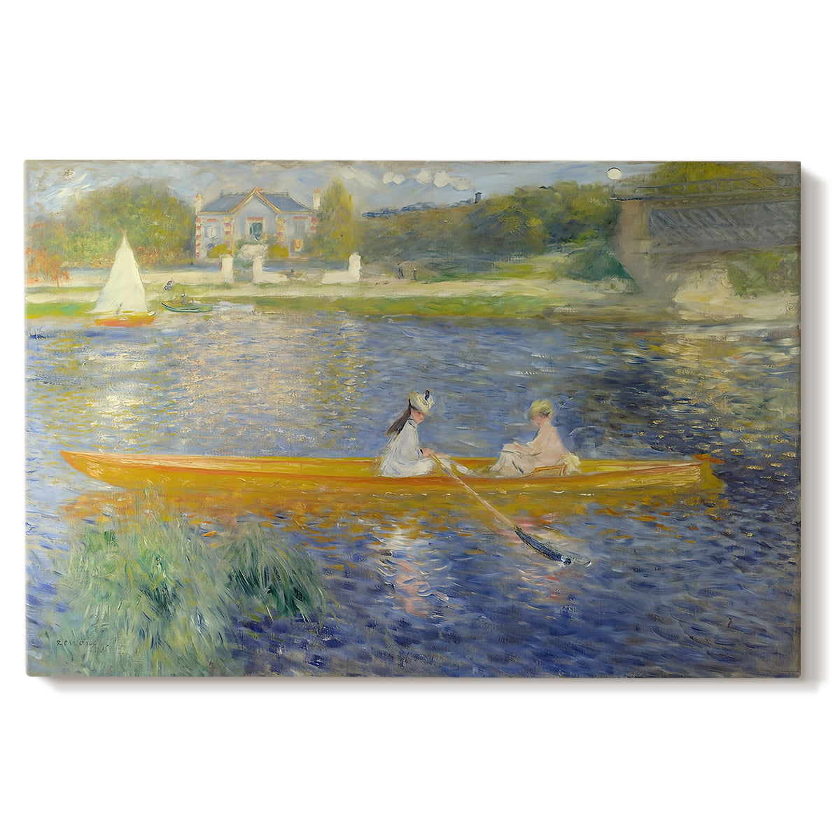 Canvas art print portraying two figures seated in a small boat drifting across calm water, set against a white background