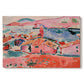 Canvas art print portraying a colorful coastal townscape with buildings, water, and bright rooftops, set against a white background