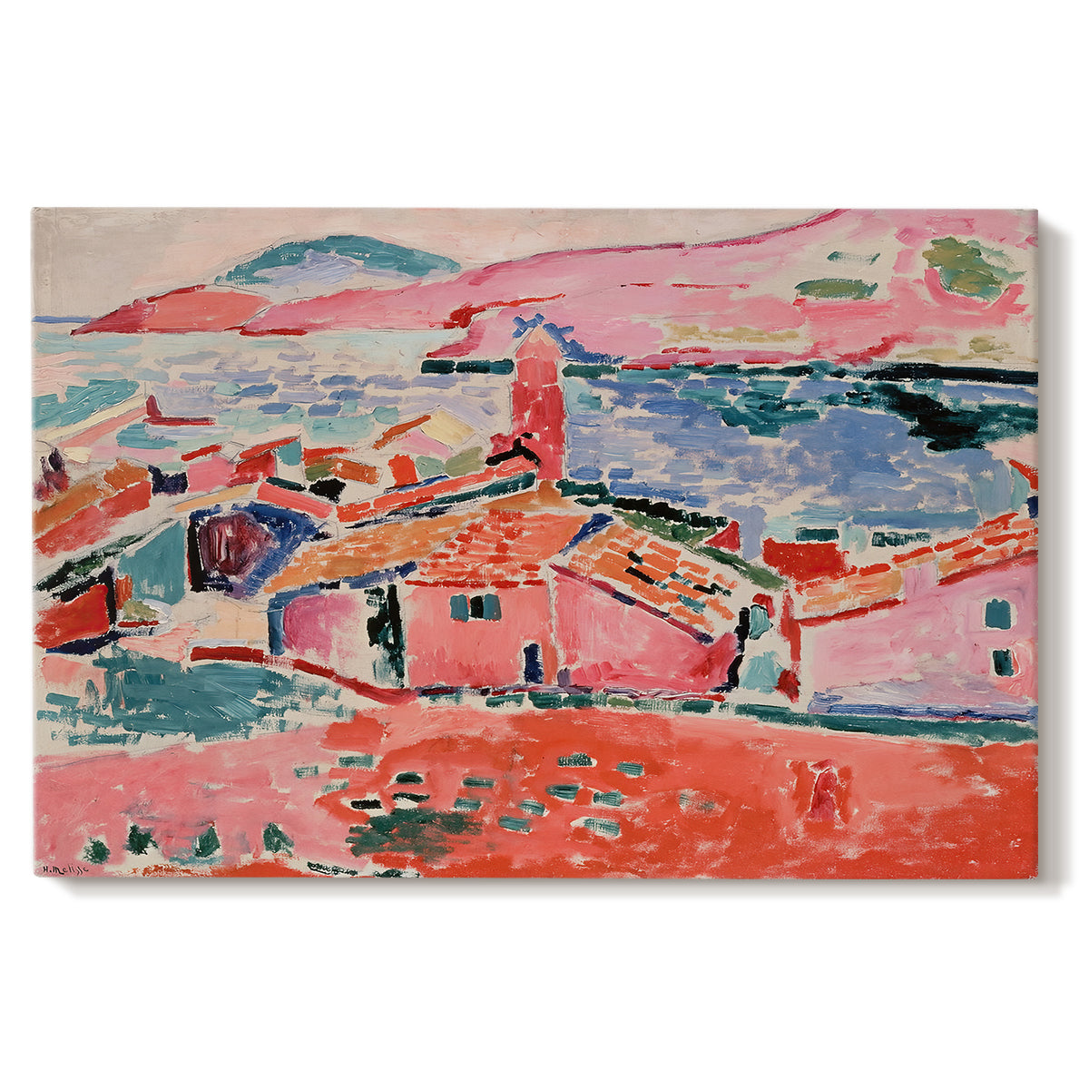 Canvas art print portraying a colorful coastal townscape with buildings, water, and bright rooftops, set against a white background