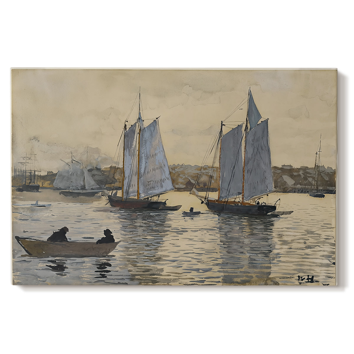 Canvas art print portraying two sailing ships positioned side by side on calm water, set against a white background