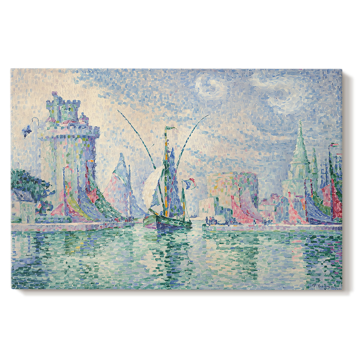 Canvas art print portraying a coastal cityscape with towers along waterfront, set against a white background