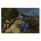 Canvas art print portraying Madonna seated with child in landscape beside soft blue water and sky, set against a white background