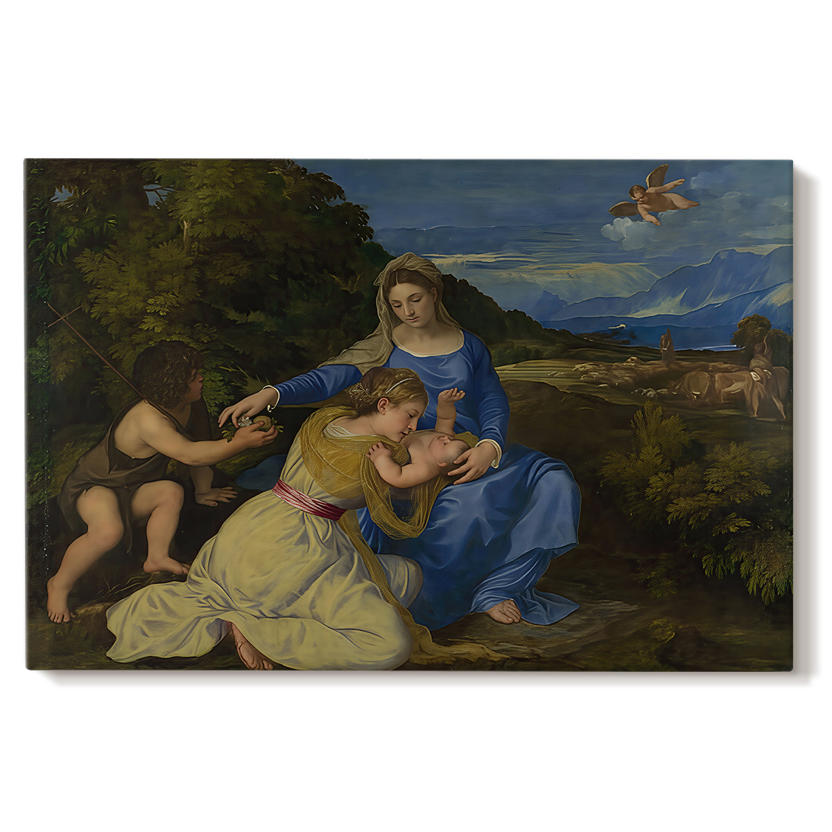 Canvas art print portraying Madonna seated with child in landscape beside soft blue water and sky, set against a white background