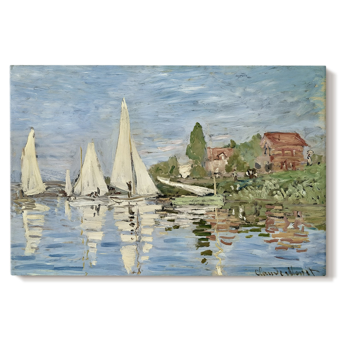 Canvas art print portraying colorful sailboats racing across river under bright sky, set against a white background