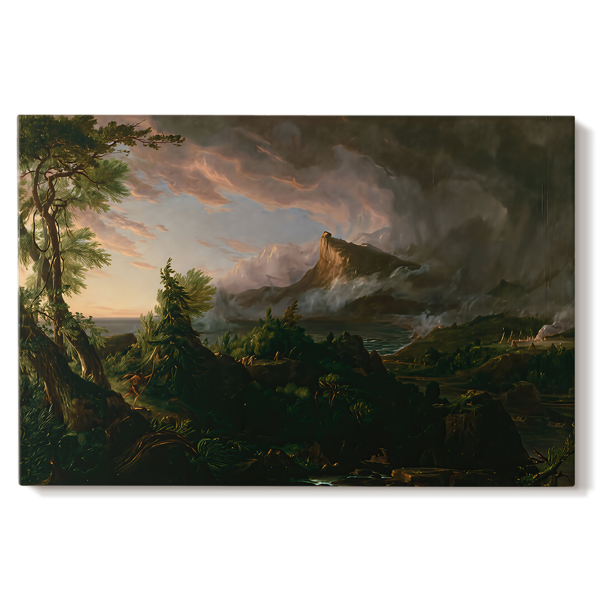 Canvas art print portraying an untamed wilderness landscape with scattered figures and primitive activity, set against a white background