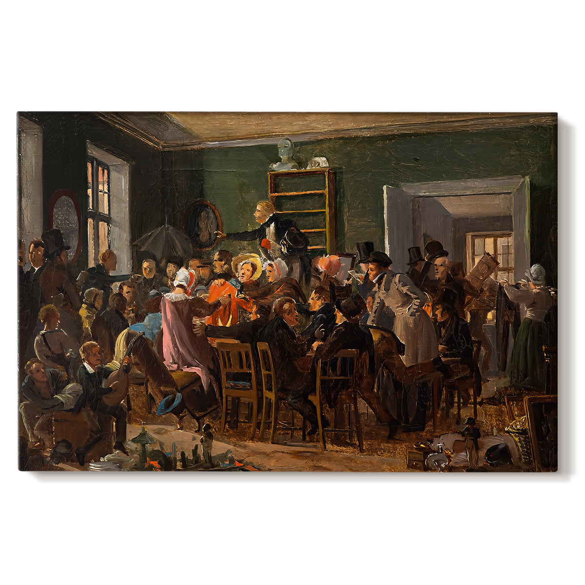 Canvas art print portraying a crowded interior with people gathered for auction activity, set against a white background