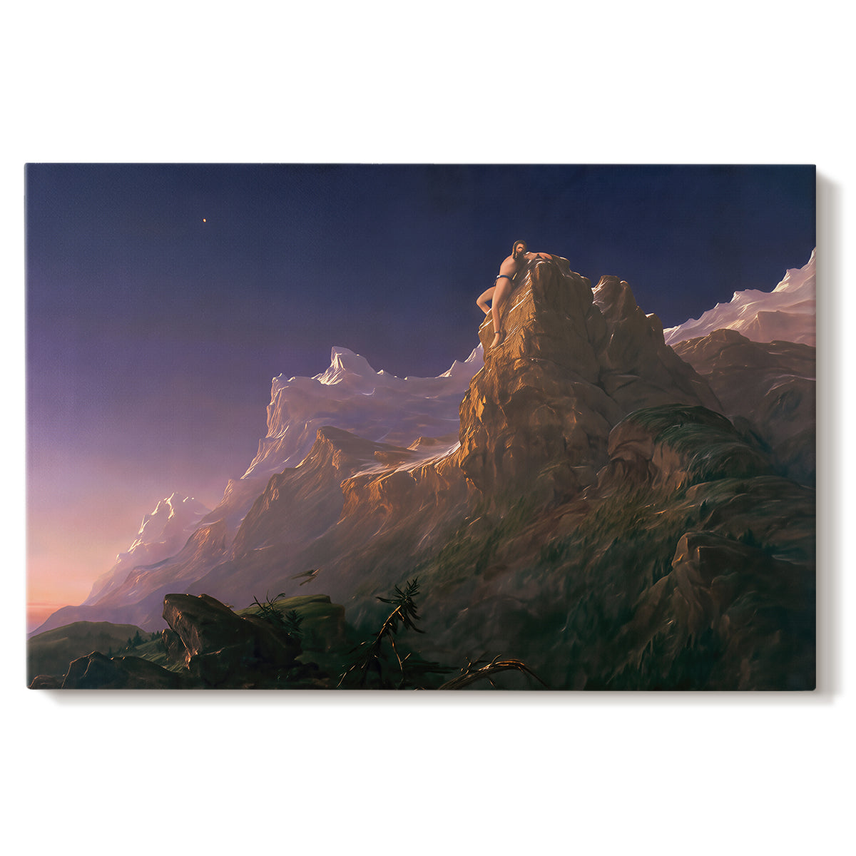 Canvas art print portraying a mythological figure chained within vast mountainous landscape, set against a white background