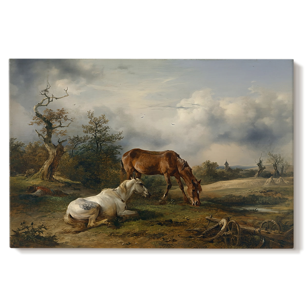Canvas art print portraying two horses grazing in open pasture, set against a white background