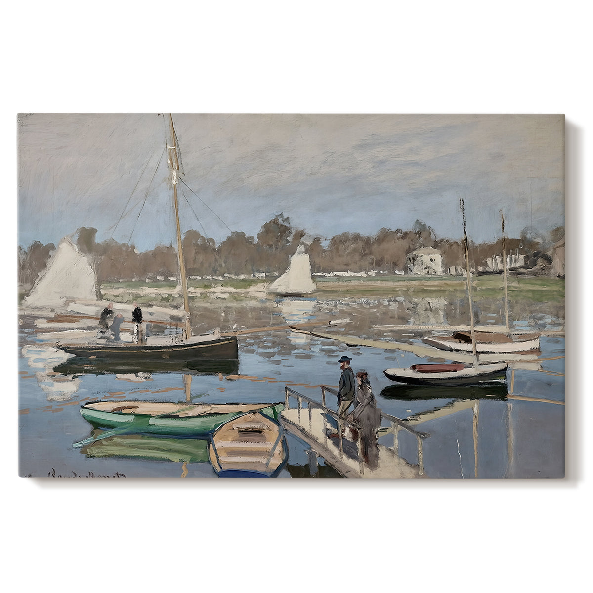 Canvas art print portraying sailboats gathered in calm basin with reflections on water, set against a white background