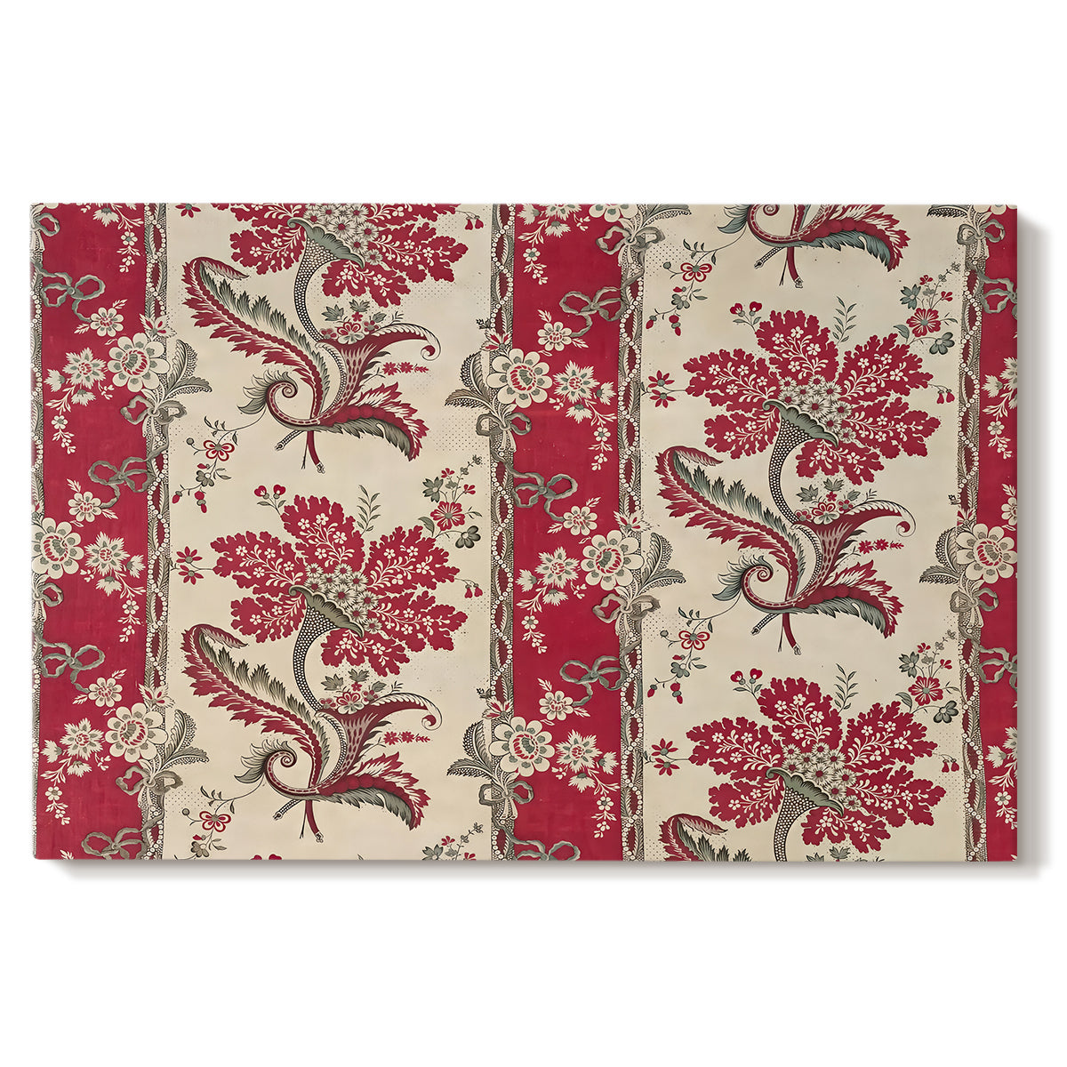 Canvas art print portraying a repeating pattern with floral arrangements emerging from horn-shaped forms, set against a white background