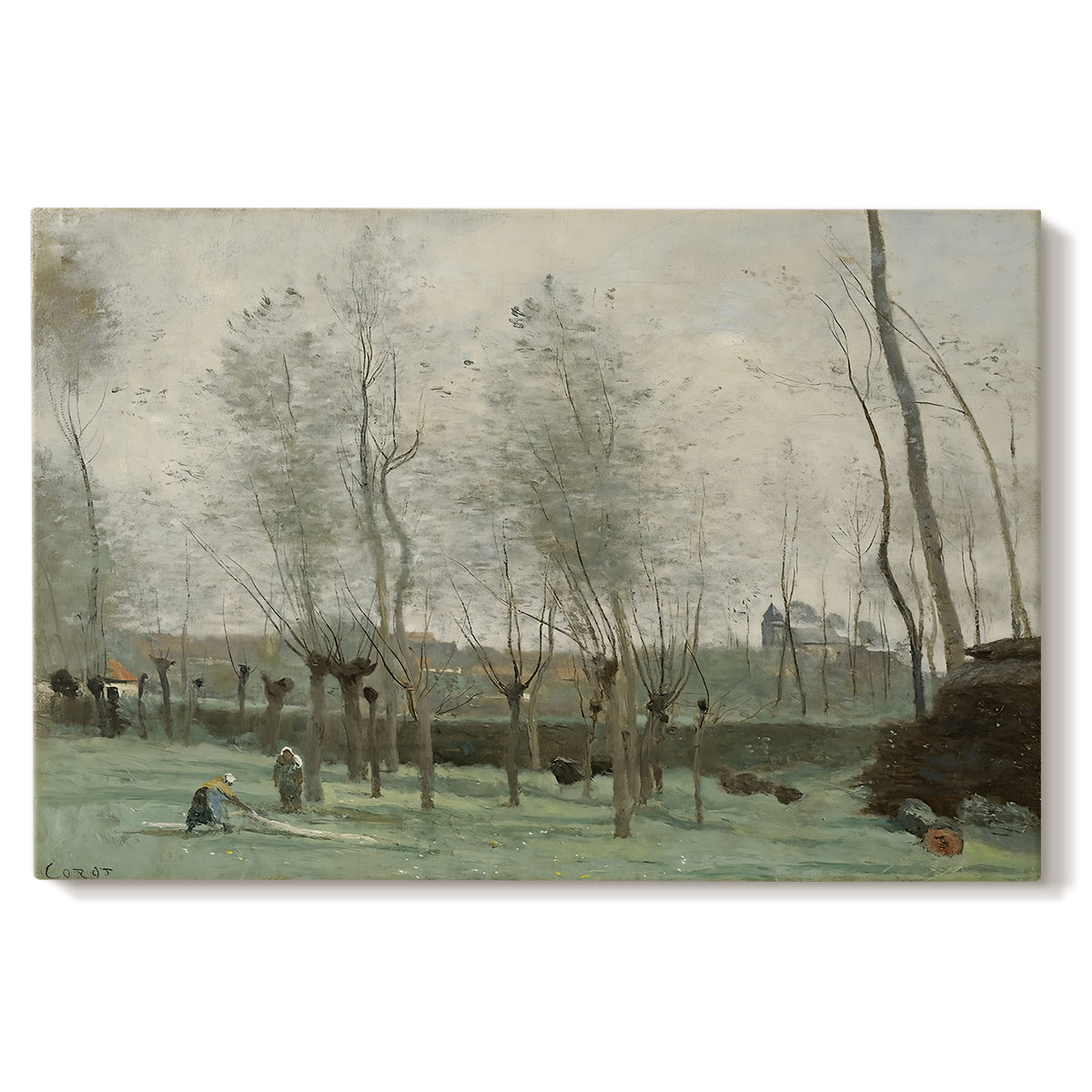Canvas art print portraying women washing clothes beside water under willow trees, set against a white background