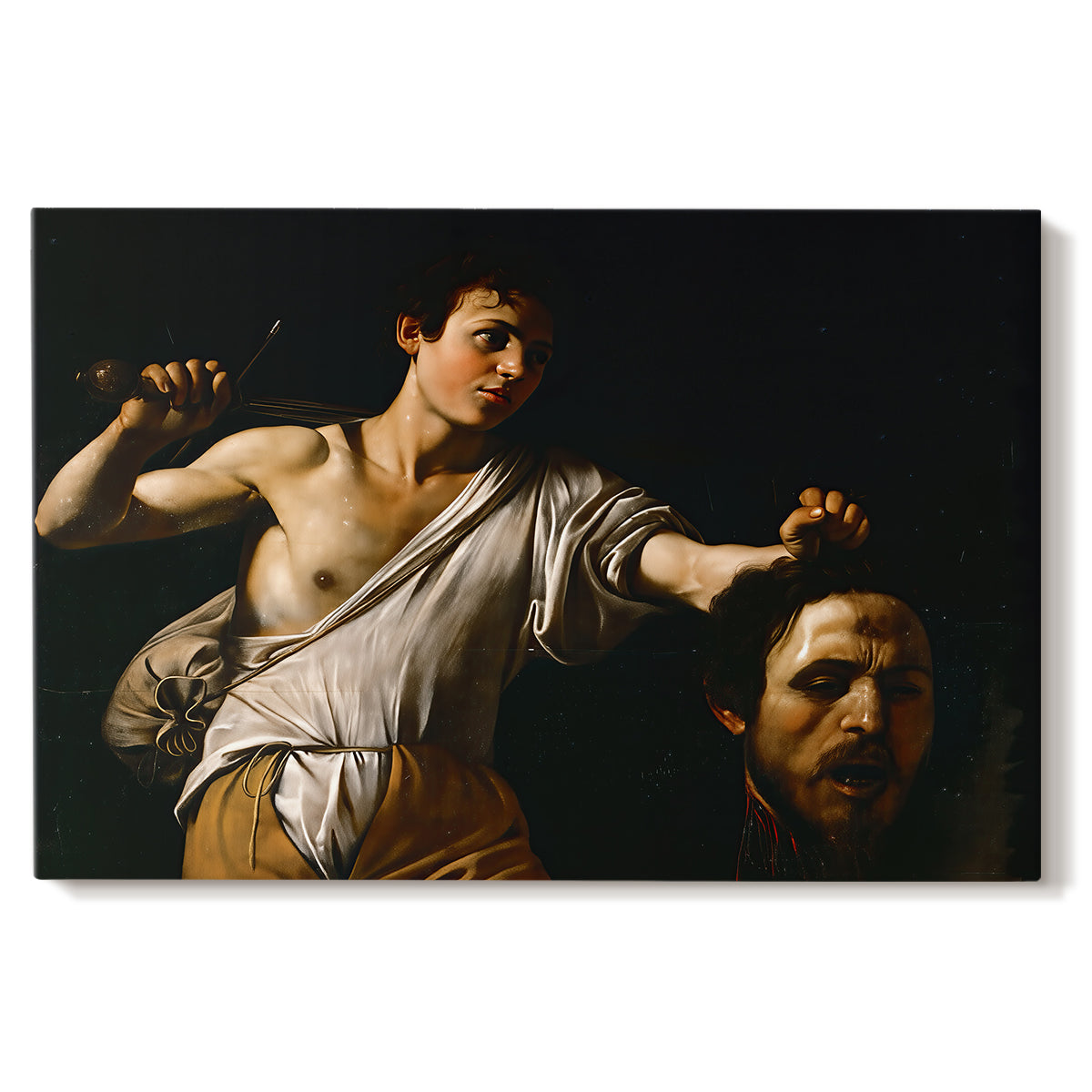 Canvas art print portraying a young David holding the severed head of Goliath against a dark background, set against a white background