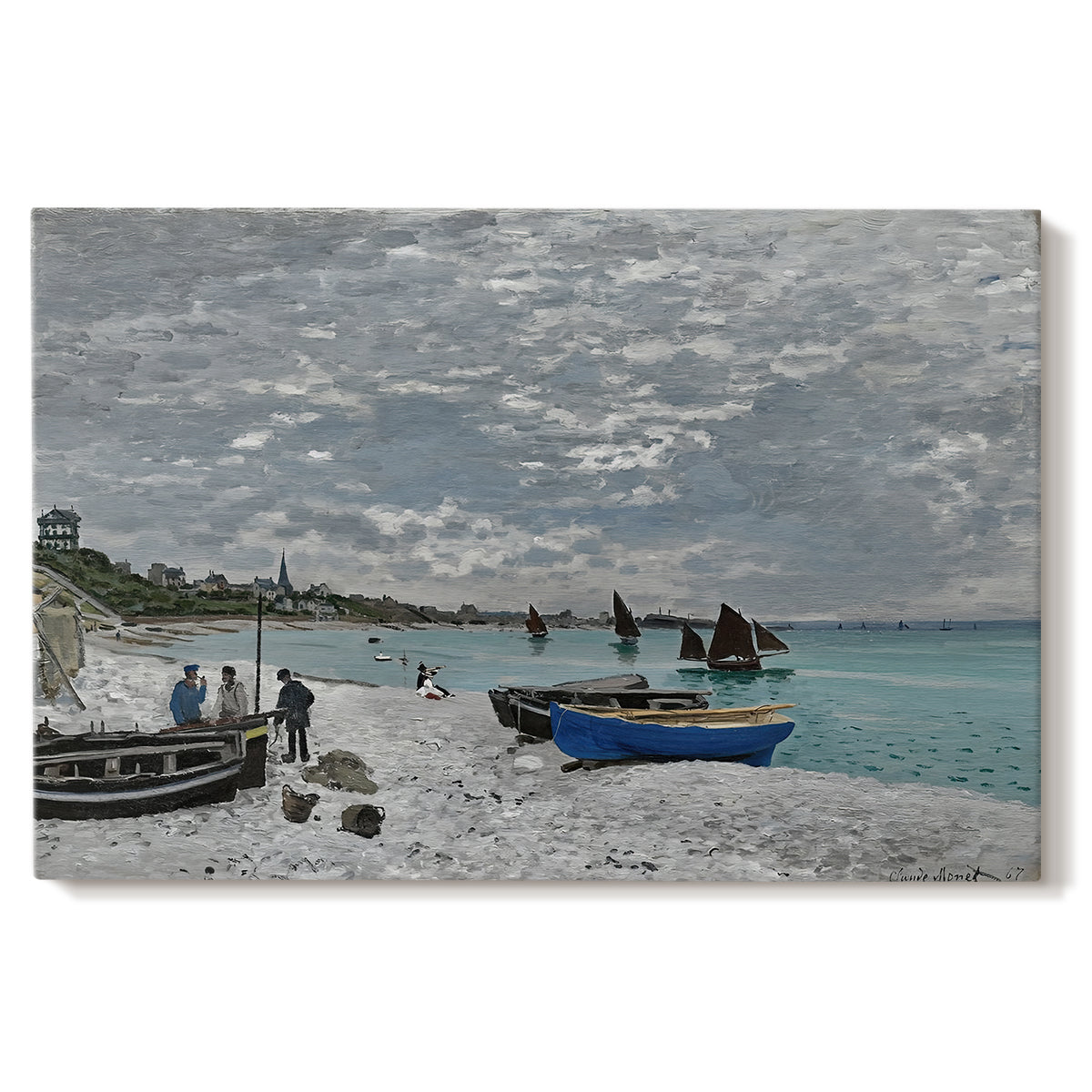 Canvas art print portraying a seaside promenade with figures, flags, and boats along the coast, set against a white background