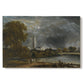 Canvas art print portraying a cathedral viewed across meadow with water, set against a white background
