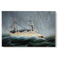 Canvas art print portraying a sailing ship tossed by large waves under dark stormy sky, set against a white background