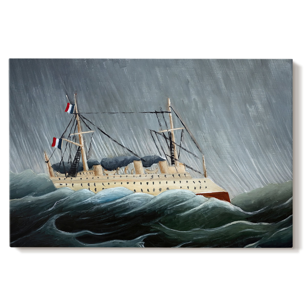 Canvas art print portraying a sailing ship tossed by large waves under dark stormy sky, set against a white background