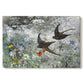 Canvas art print portraying a flock of birds in flight soaring across open sky above landscape, set against a white background