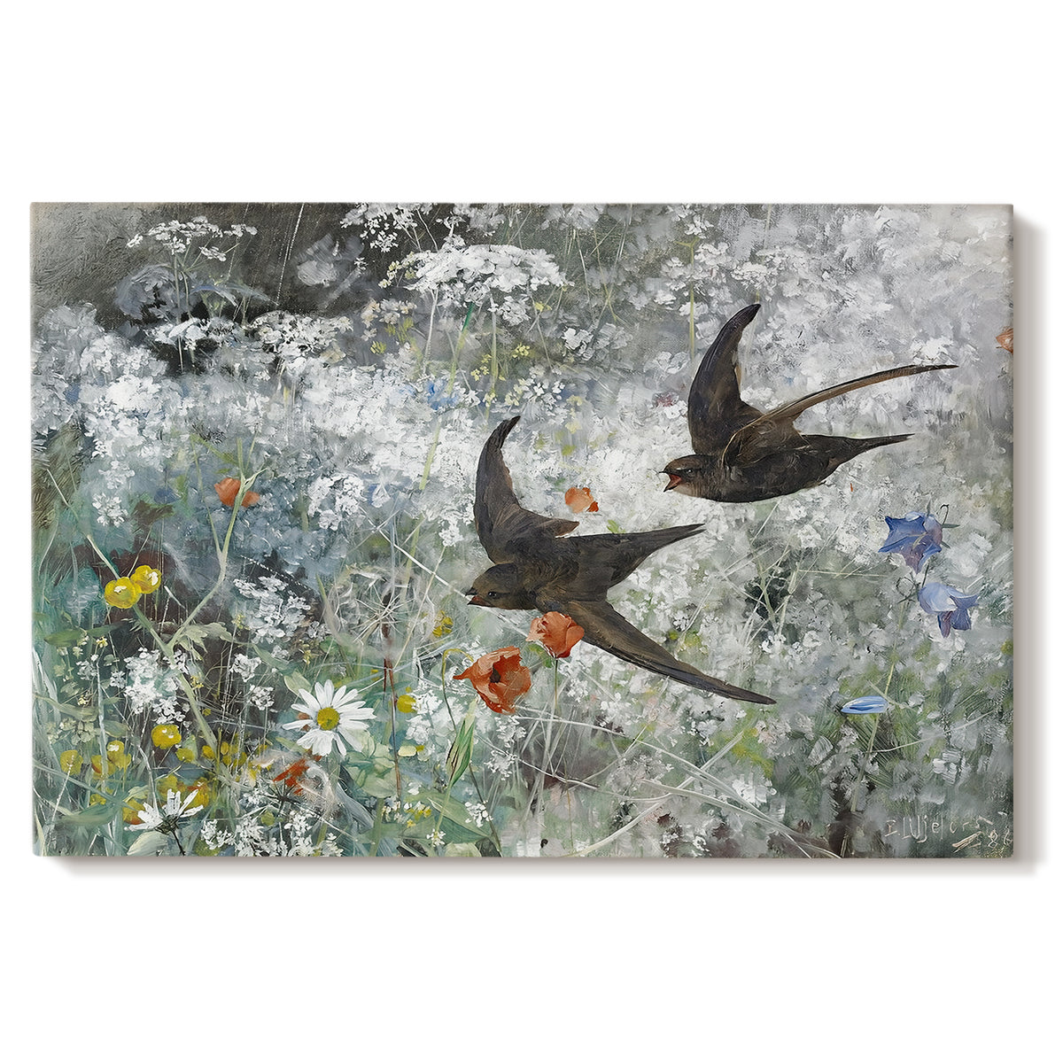 Canvas art print portraying a flock of birds in flight soaring across open sky above landscape, set against a white background