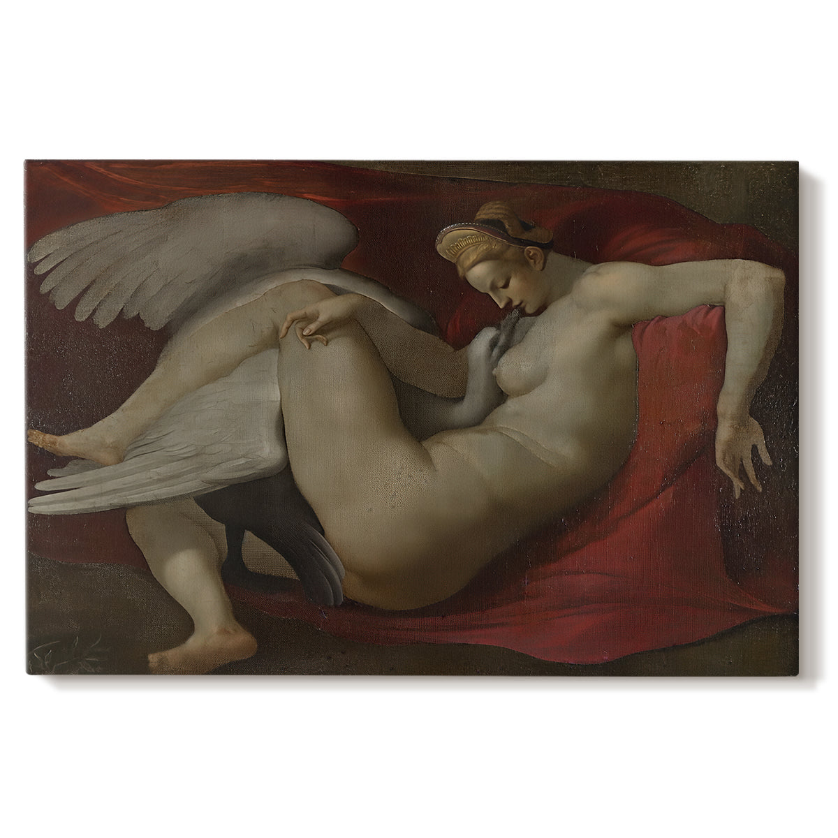 Canvas art print portraying a reclining female figure interacting with swan in mythological setting, set against a white background