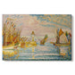 Canvas art print portraying a pointillist landscape of lighthouse and boats, set against a white background