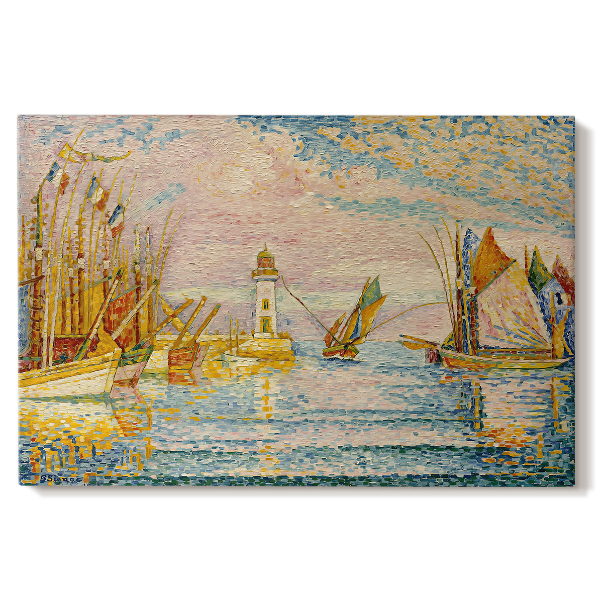 Canvas art print portraying a pointillist landscape of lighthouse and boats, set against a white background