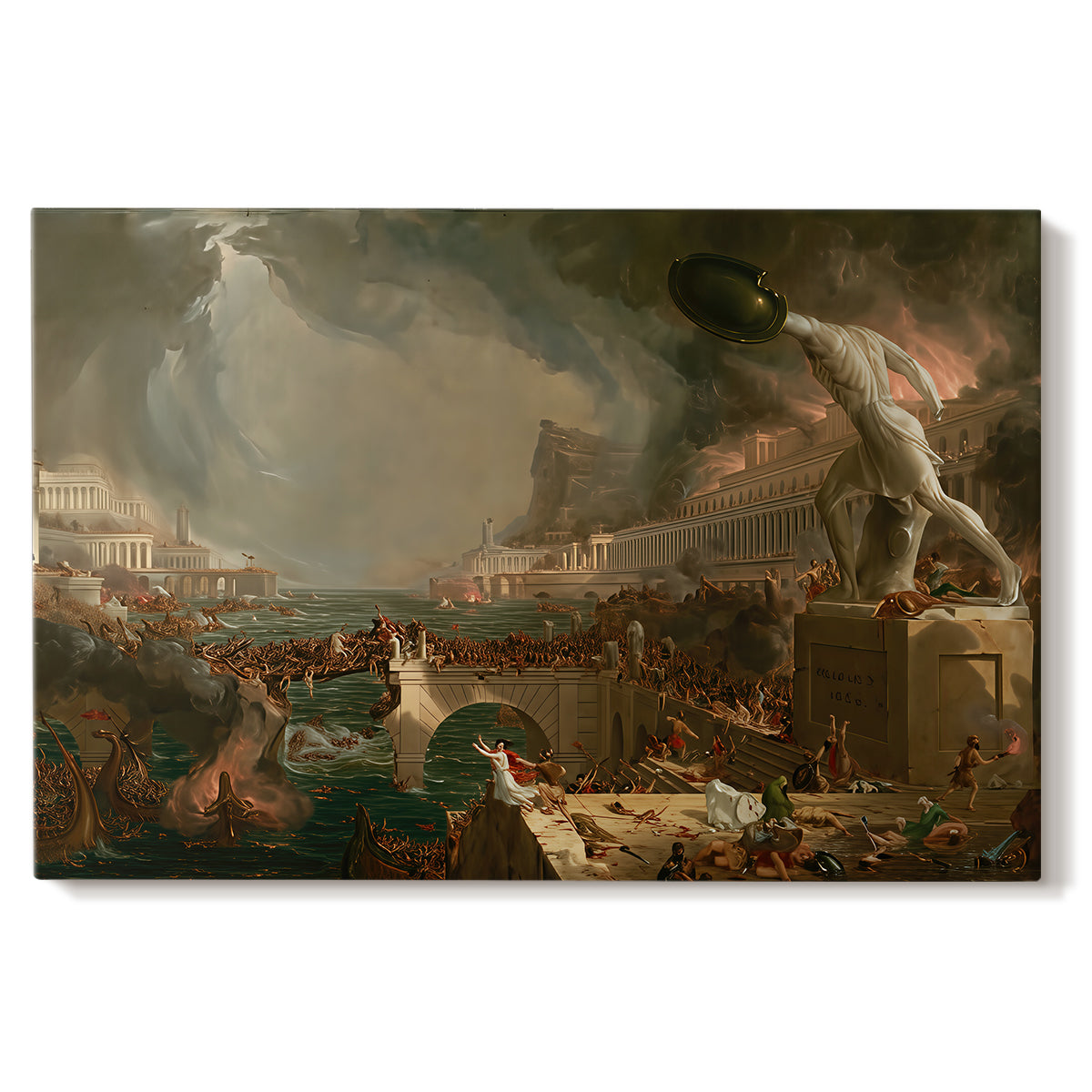 Canvas art print portraying a city in chaos with burning buildings and collapsing structures during attack, set against a white background