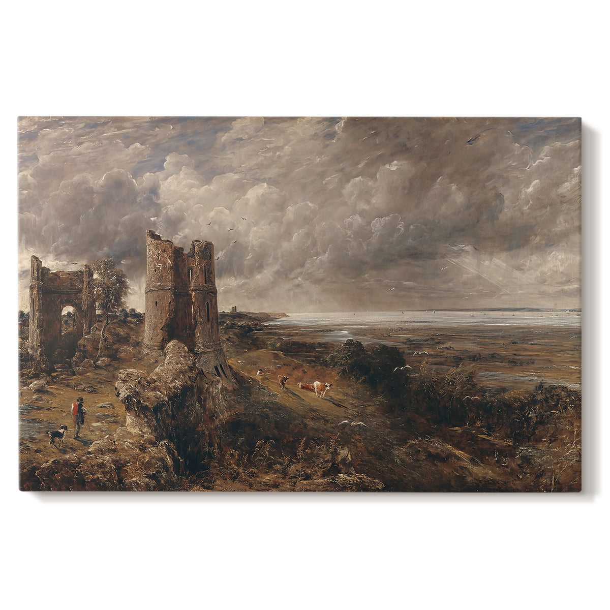 Canvas art print portraying a ruined castle overlooking river and landscape, set against a white background