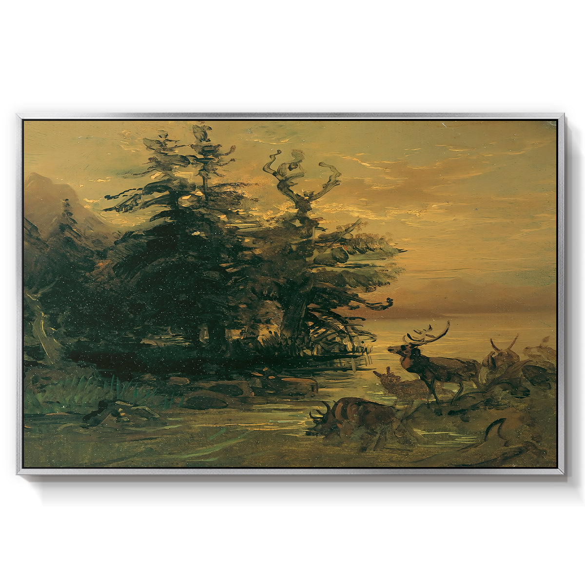 Wallowing Deer on the Shore of a Mountain Lake, c. 1850 - Floater Framed Canvas Print