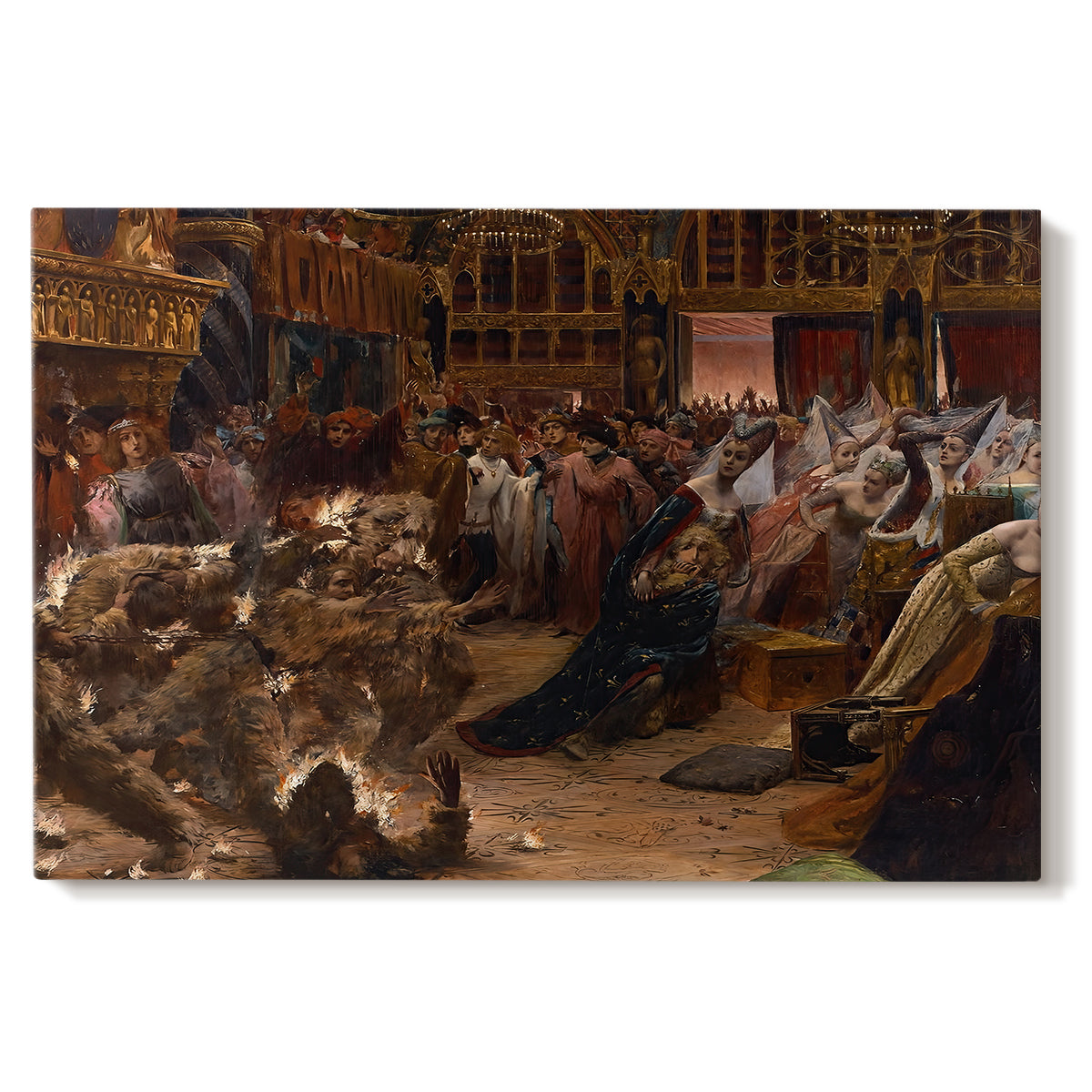 Canvas art print portraying a crowded interior scene with figures gathered around glowing central spectacle, set against a white background